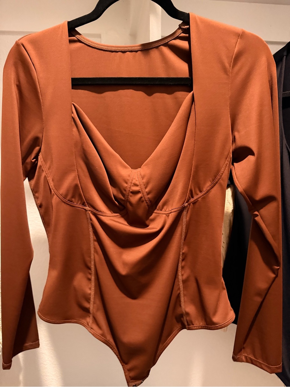 Amazon Rust Brown Draped Front Long-Sleeve Bodysuit